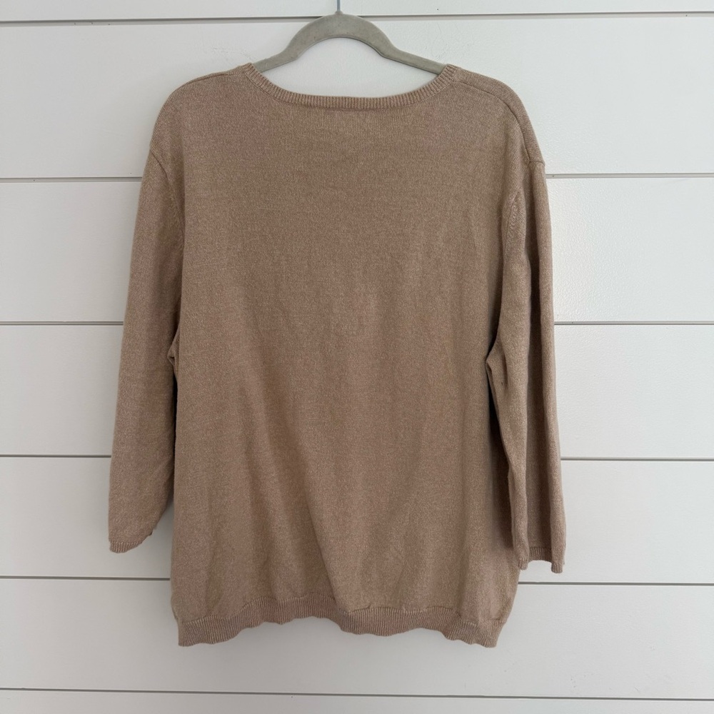 Alfred Dunner 3XL Embroidered Flower Sweater Top 3/4 Sleeve Tan Lightweight - Picture 4 of 5